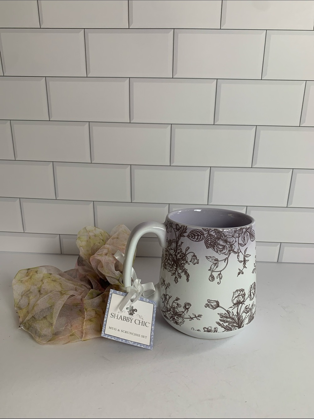 Shabby Chic White Ceramic Floral Mug with pale Pink and Green & black scrunchie